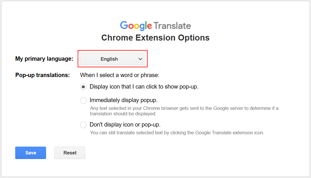 Options d'extension Chrome